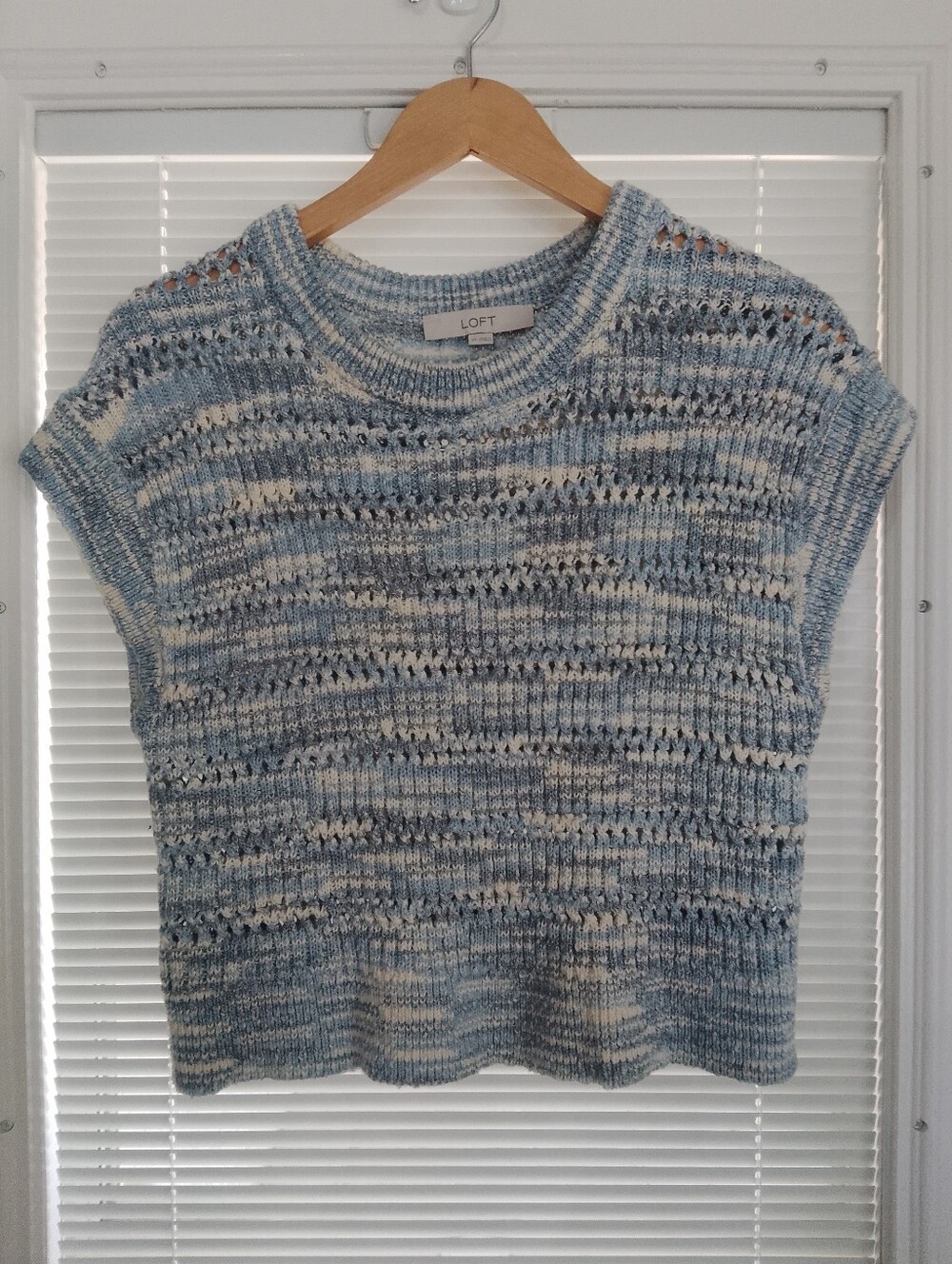 LOFT Blue Cream Marled Short-Sleeve Sweater Shell